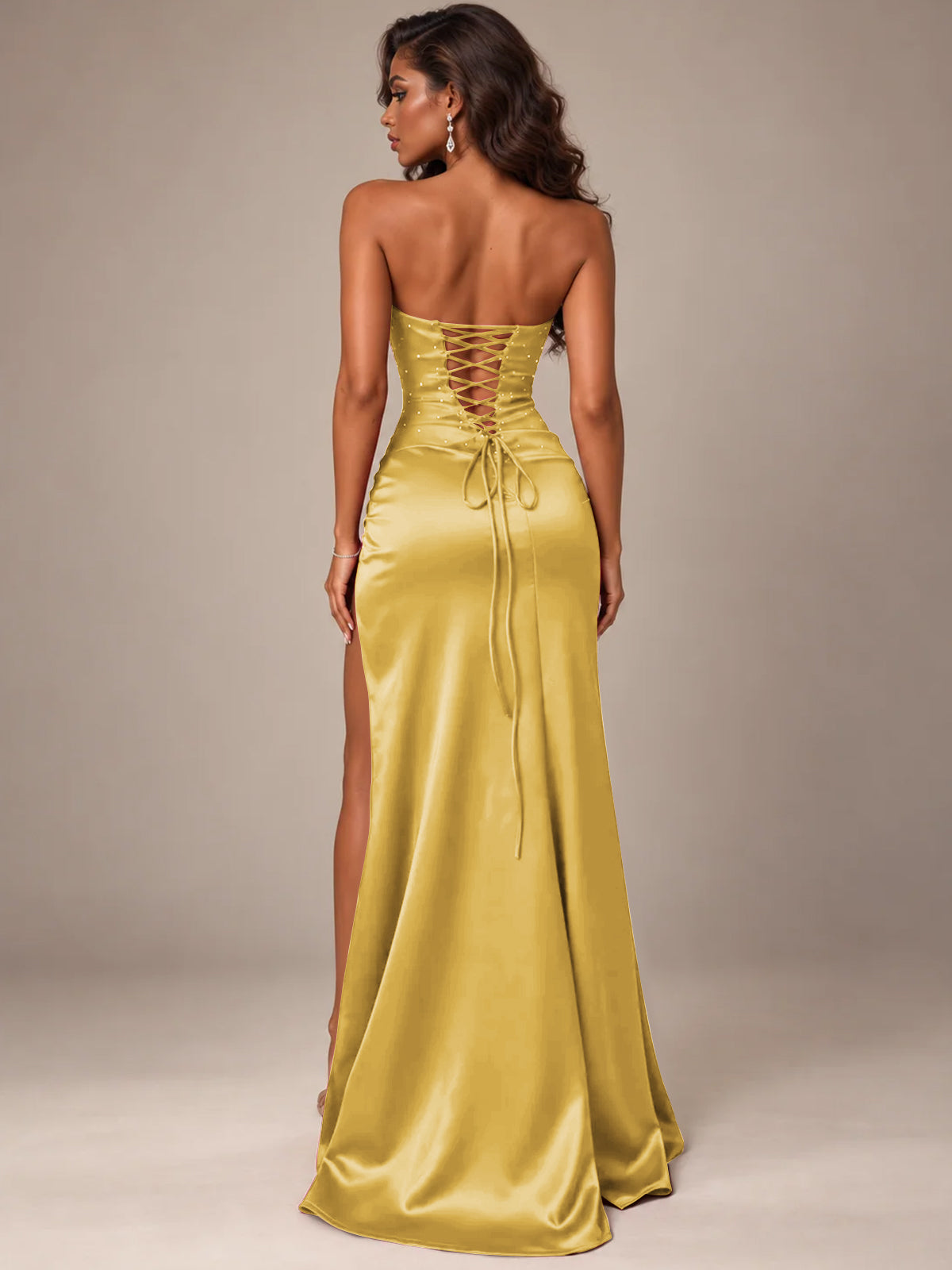 Burgundy Strapless Sparkly Corset Prom Dress with High Slit