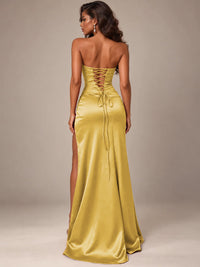 Burgundy Strapless Sparkly Corset Prom Dress with High Slit