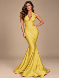 Pink Halter Deep V-Neck Ruched Mermaid Prom Dress