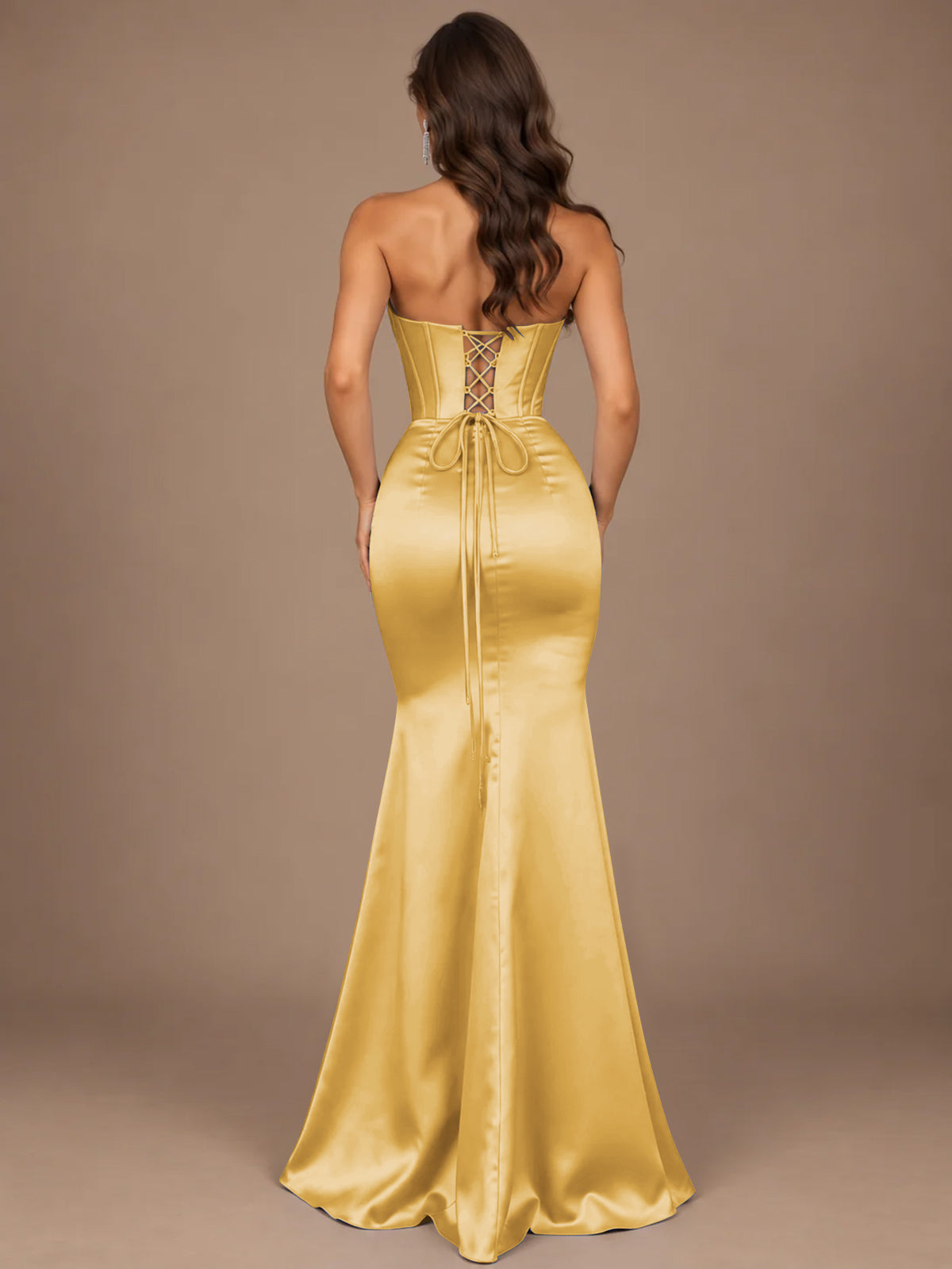 Dusty Blue Strapless Lace Corset Prom Dress with High Slit