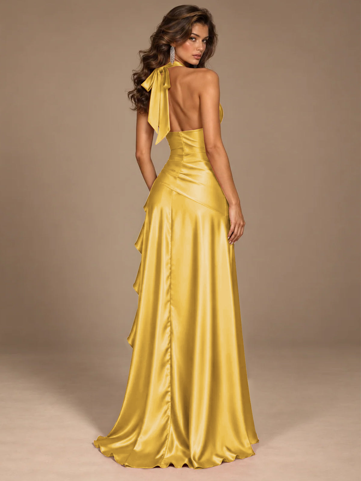 Burgundy Halter Deep V-Neck Ruched High Slit Ruffle Prom Dress