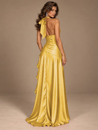 Burgundy Halter Deep V-Neck Ruched High Slit Ruffle Prom Dress