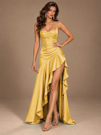 Burgundy Spaghetti Strap Ruched Prom Dress with Ruffled High Slit