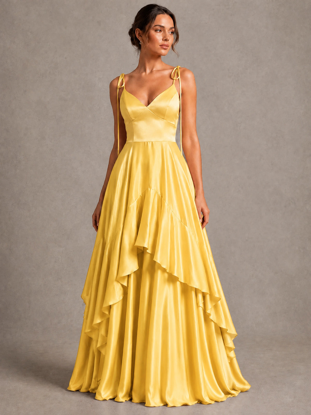 Lavender Satin V-Neck Ruffle Maxi Dress