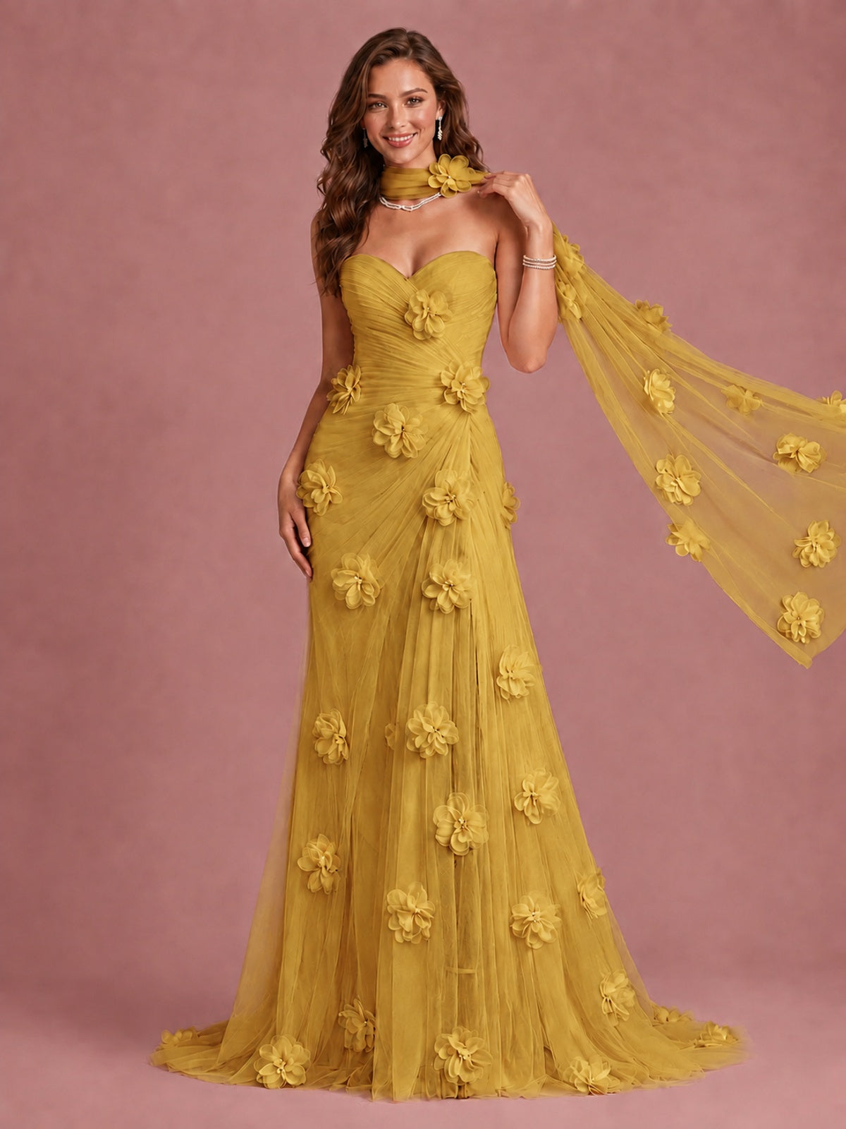 Blush Pink Strapless Sweetheart 3D Floral Tulle Mermaid Prom Dress