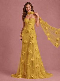 Blush Pink Strapless Sweetheart 3D Floral Tulle Mermaid Prom Dress