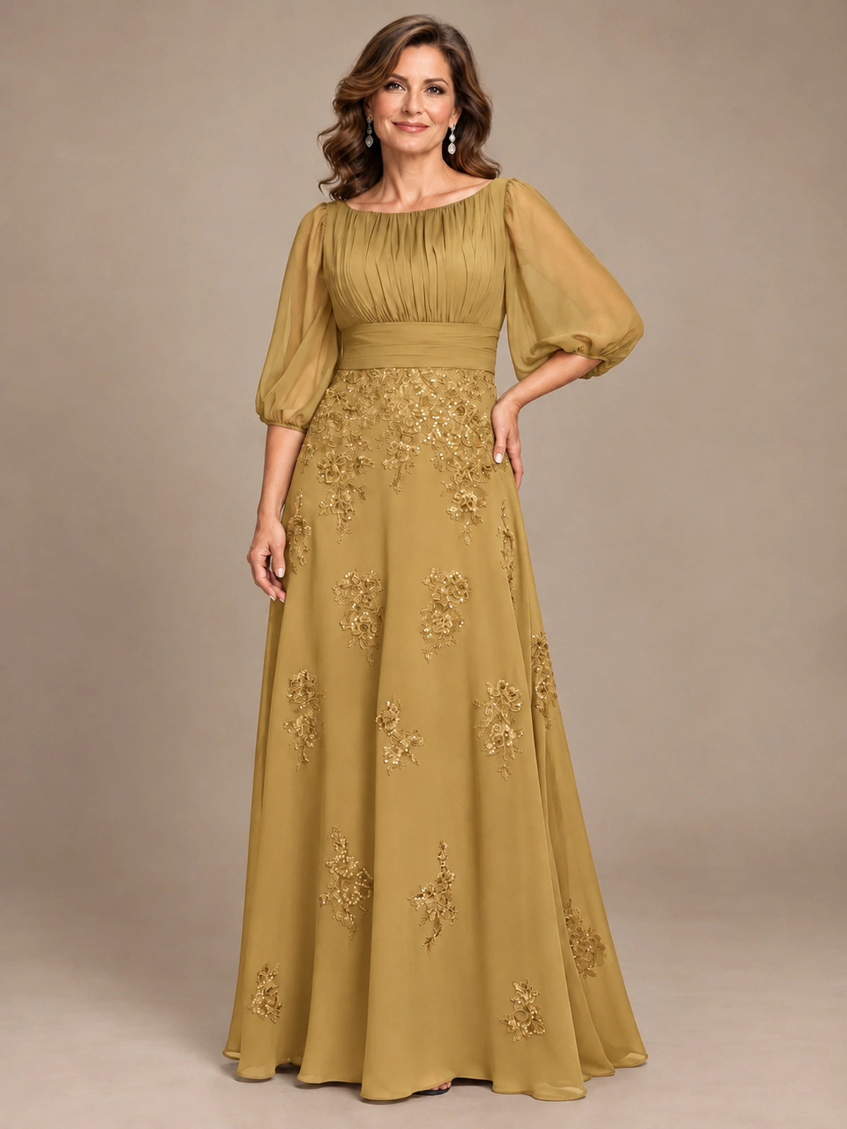A-Line Mother of the Bride Dress with Sheer Puff Sleeves