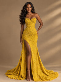 Beaded Sequin Prom Dress Strapless Formal Gowns with High Slit Train