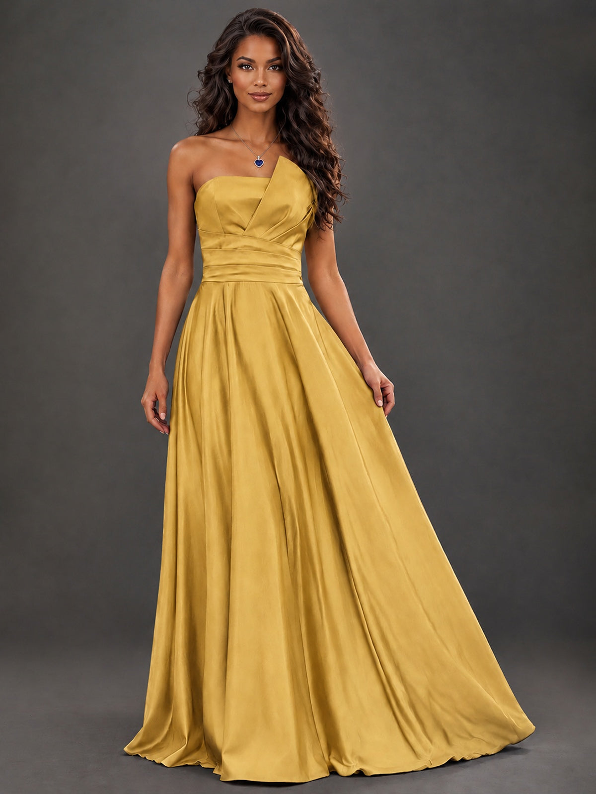 Draped Satin Prom Dress Strapless A-line Formal Dress Floor Length