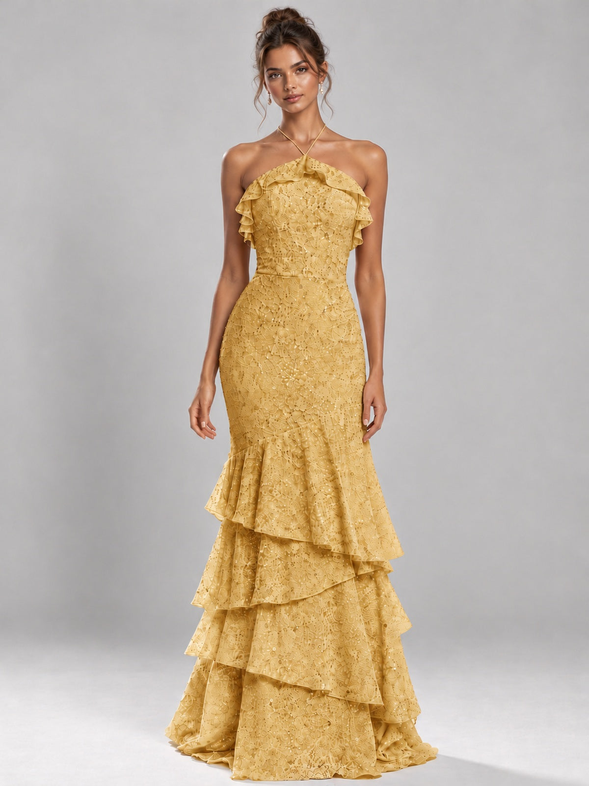 Halter Tiered Mermaid Prom Dress with Sparkly Lace