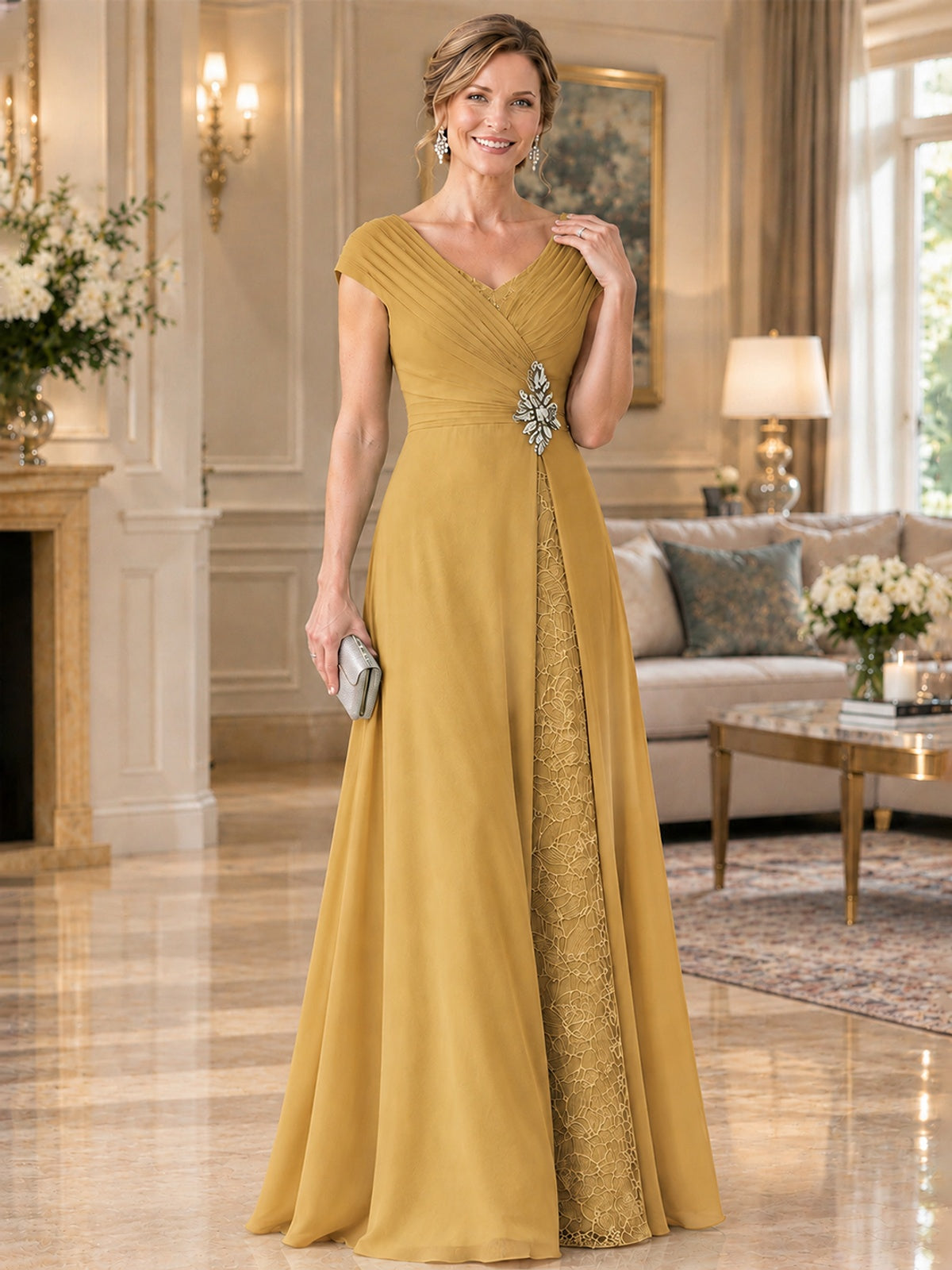 Pleated Chiffon Lace Mother of The Bride Dresses with Beading Cap Sleeves