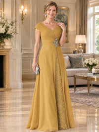 Pleated Chiffon Lace Mother of The Bride Dresses with Beading Cap Sleeves