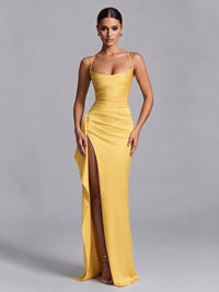 Gold Squre Neck Pleated Satin Prom Dresses for Teens Women Long Evening Formal Gown with Slit Ruffles