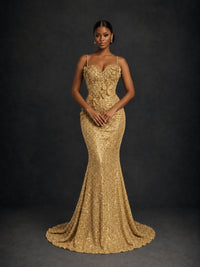 Sequin Mermaid Prom Dress with Floral Applique