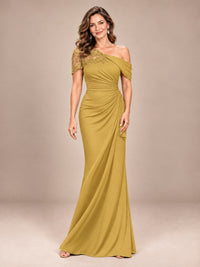 Gold-Lace One Shoulder Chiffon Ruched Mother of The Bride Dresses