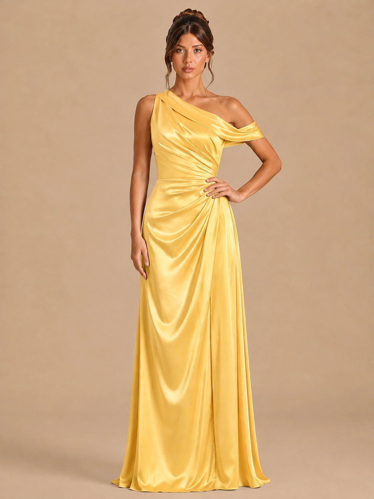 Gold-satin one shoulder prom dress ruched long formal gow Jovelle