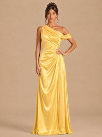 Gold-satin one shoulder prom dress ruched long formal gow Jovelle