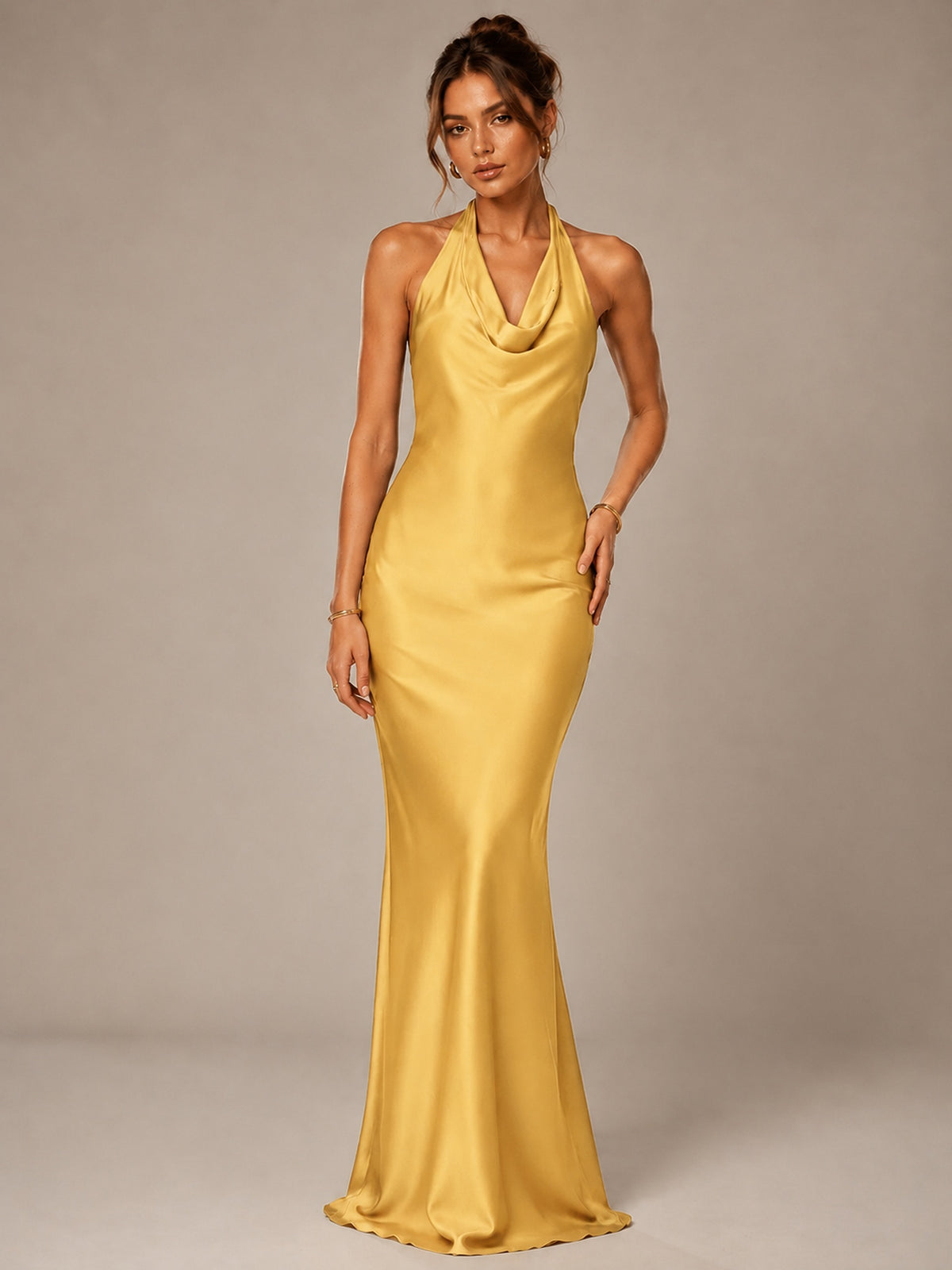 Olive Green Halter Satin Mermaid Maxi Dress
