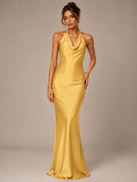 Olive Green Halter Satin Mermaid Maxi Dress