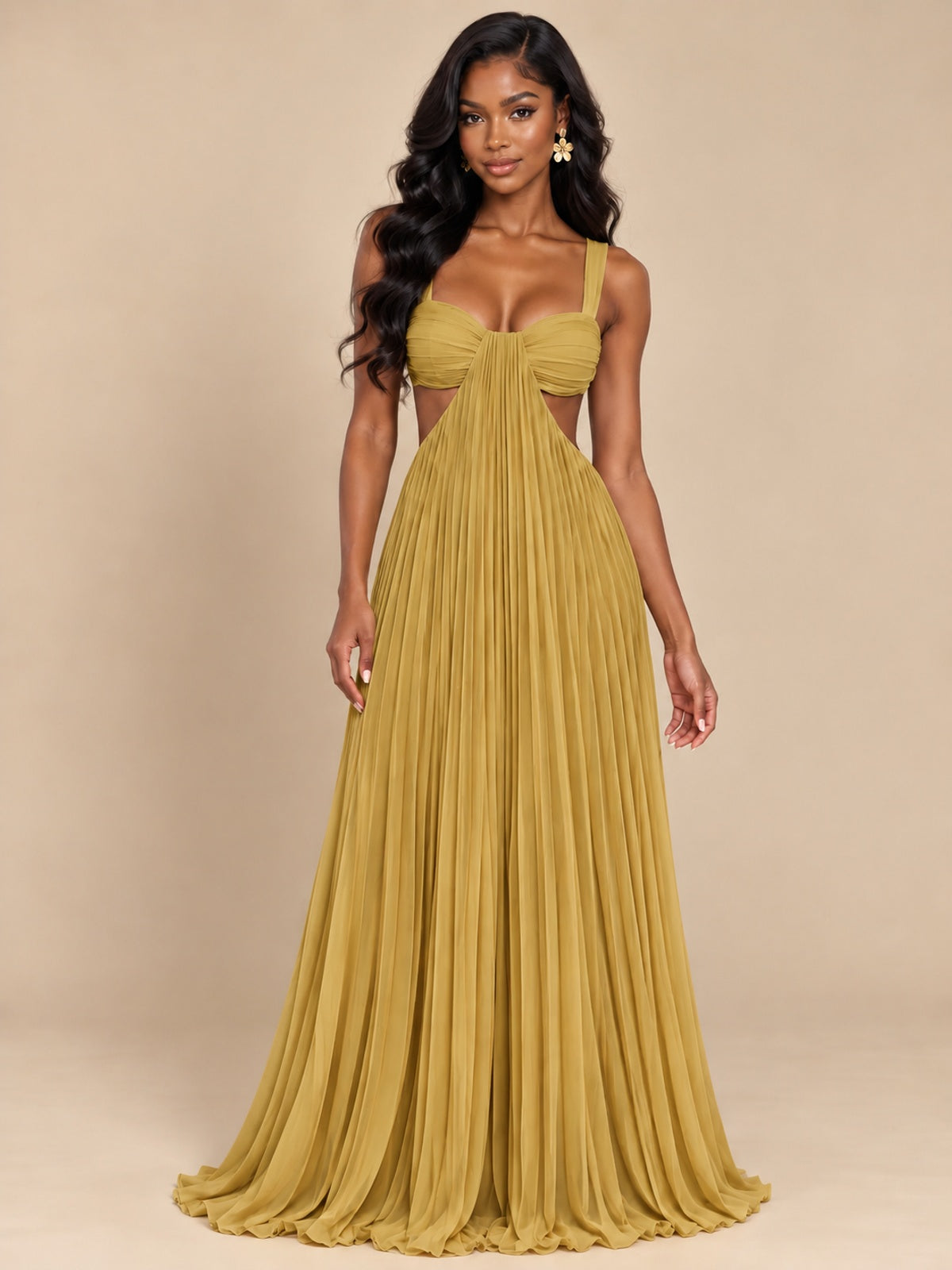 Butter Yellow Pleated Cutout Maxi Dress