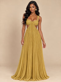 Butter Yellow Pleated Cutout Maxi Dress