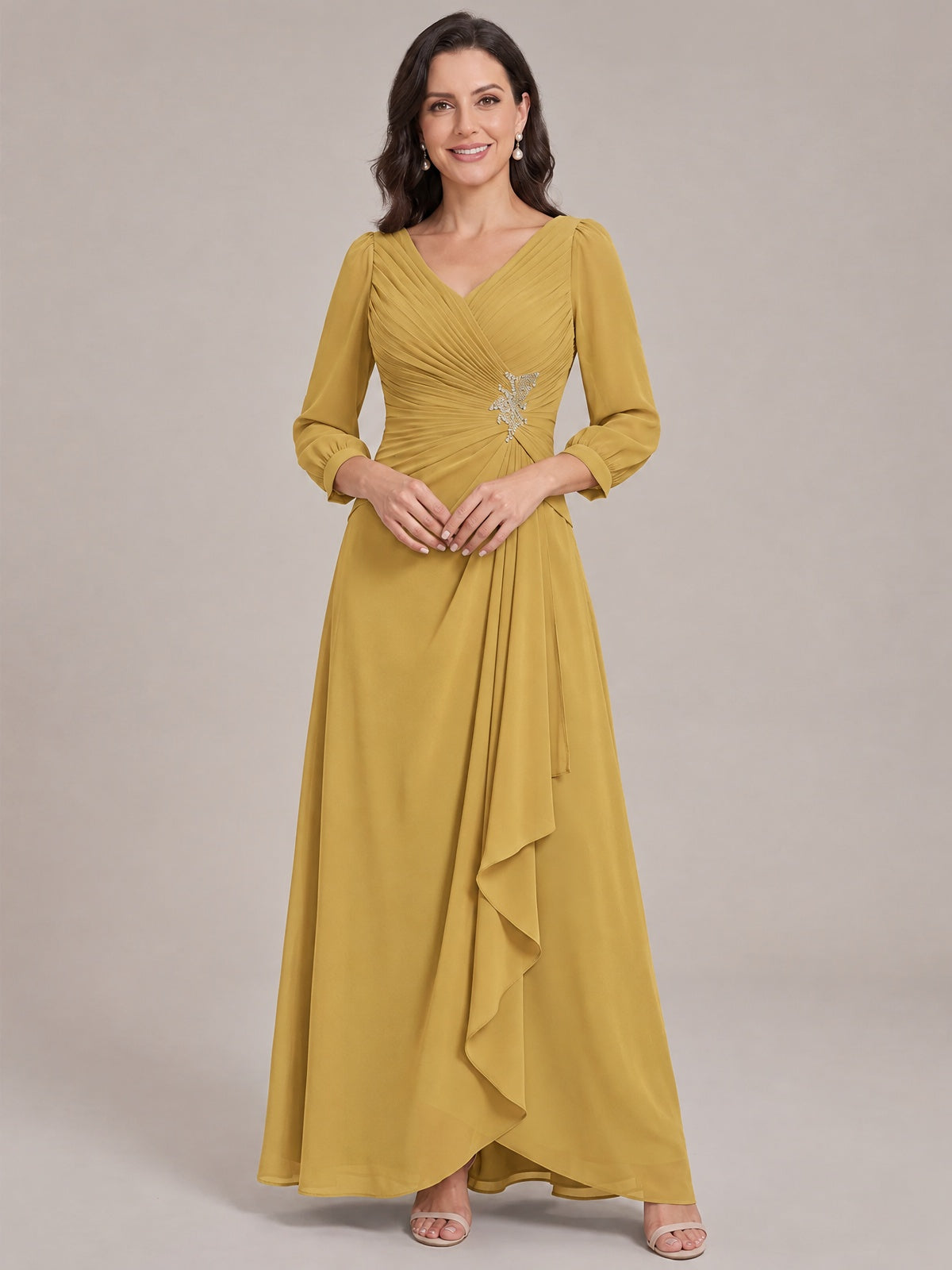 Gold-Long Sleeve Chiffon Beaded Mother of The Bride Dresses for Women