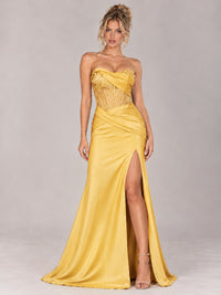 Strapless Satin Prom Dress with Sheer Lace Corset & High Slit