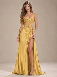 Mermaid Satin Prom Dress with Floral Appliqué Corset and High Slit
