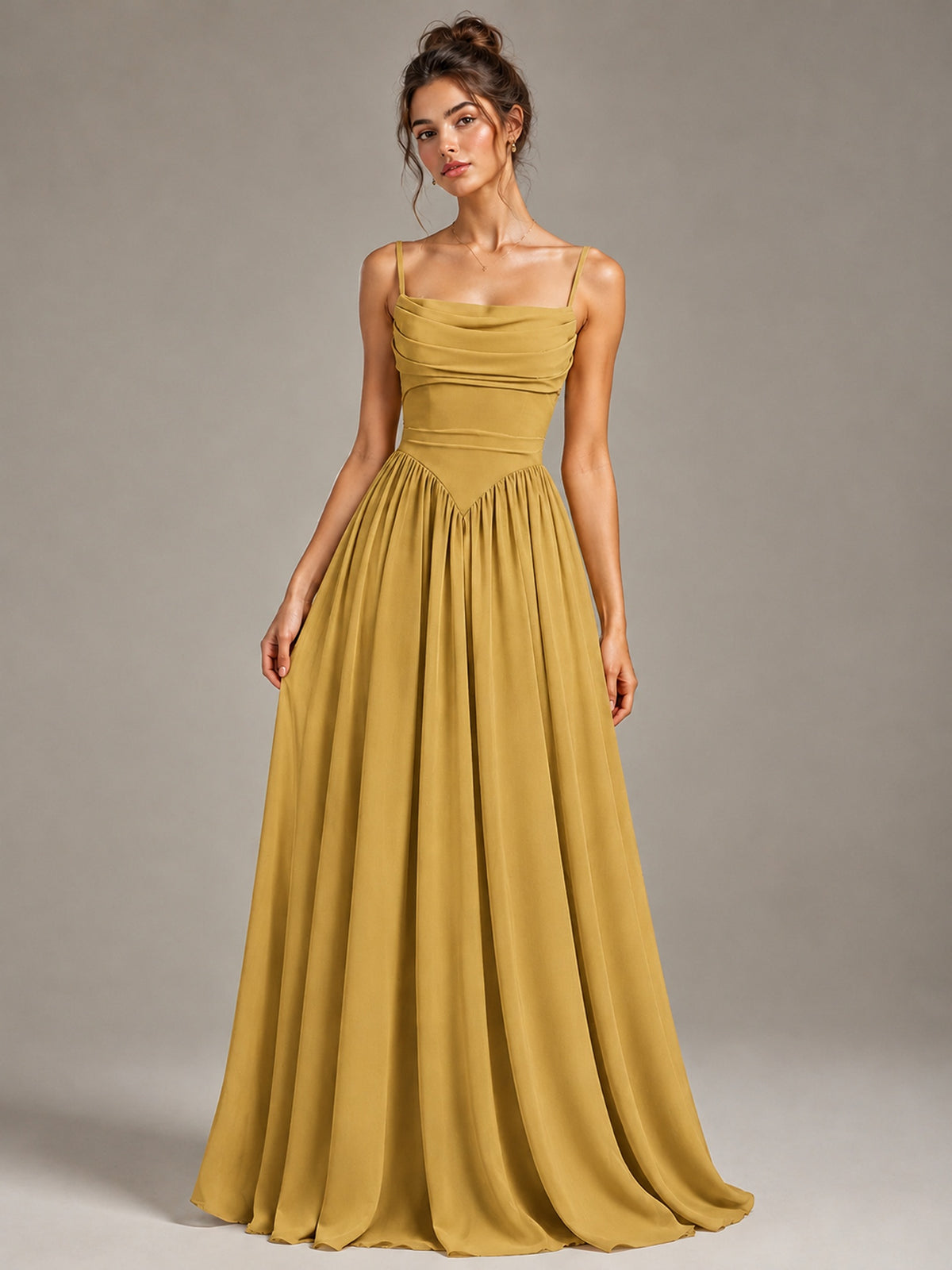 Spaghetti Strap Ruched Chiffon Maxi Dress with Backless