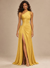 Burgundy One Shoulder Ruched Prom Dress with High Slit & Beaded Waist