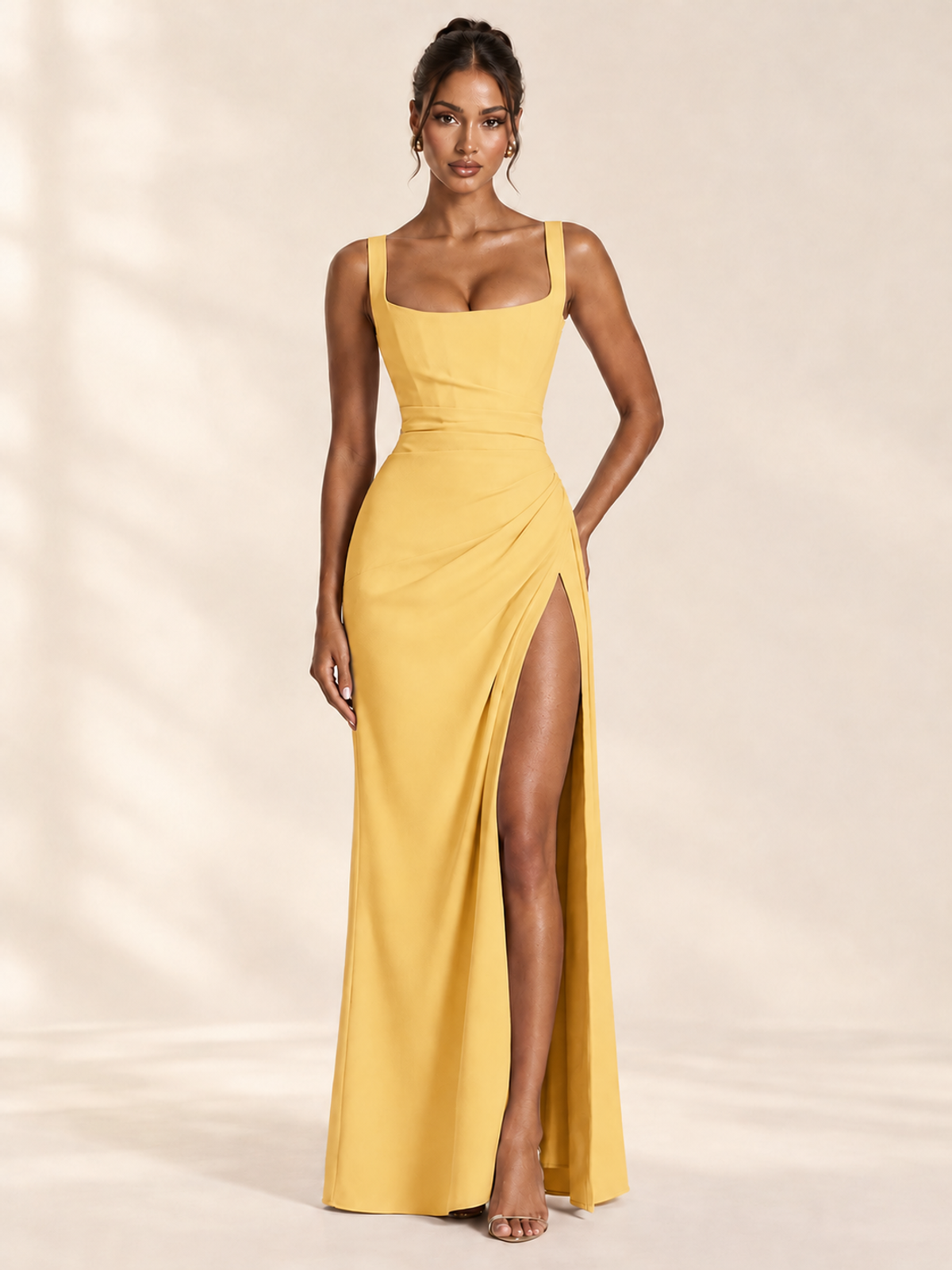 Square Neck Satin Sleeveless Ruched Prom Dress with High Slit