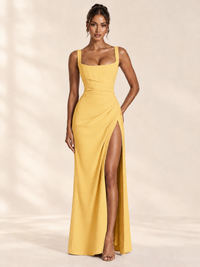 Square Neck Satin Sleeveless Ruched Prom Dress with High Slit