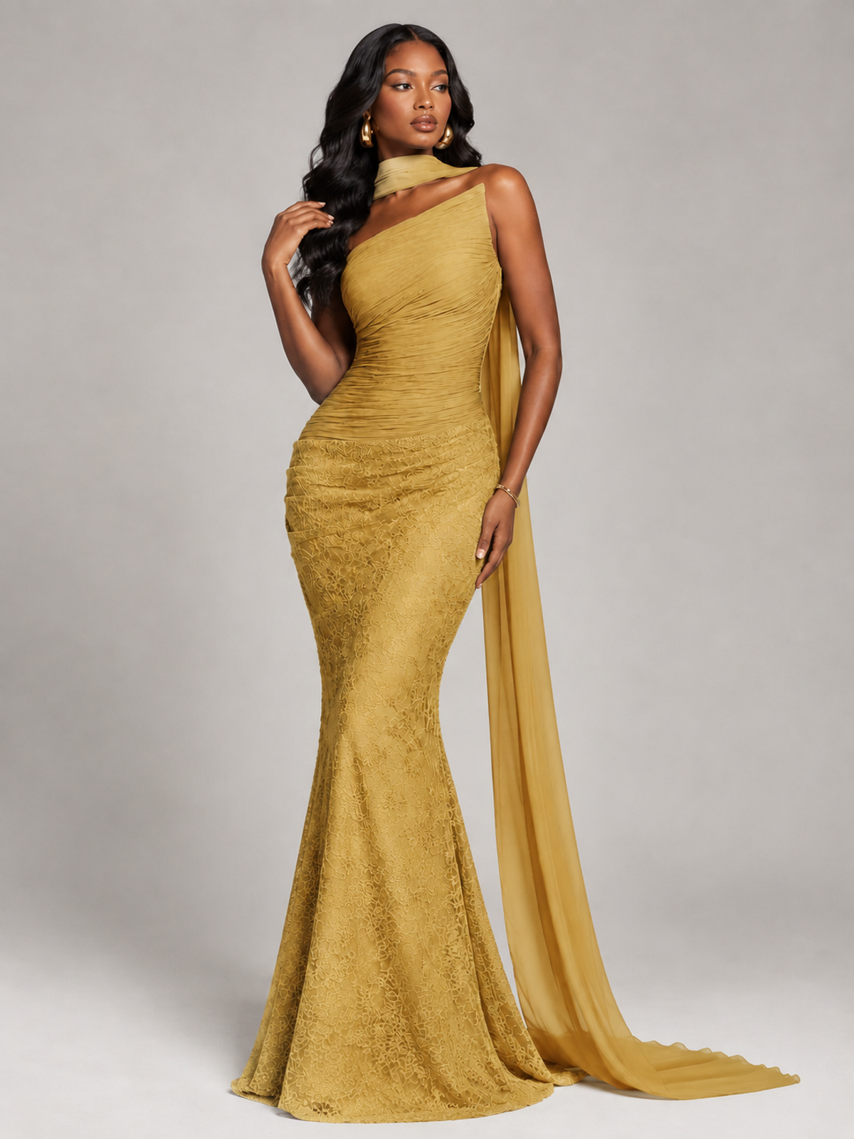 Pleated Chiffon Lace Prom Dresses Long Bodycon Mermaid with Scarf