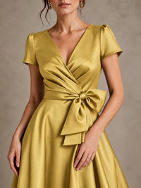 V-Neck Tea-Length Satin Mother of the Bride Dress with Bow
