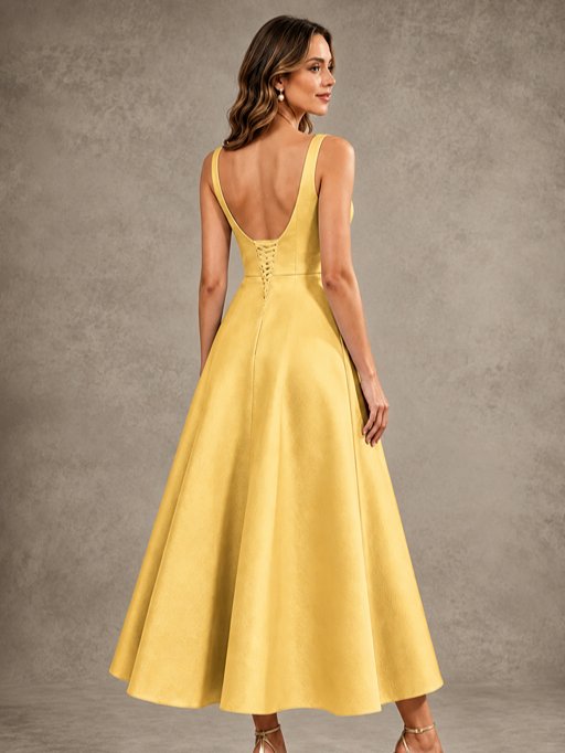Tea-Length Satin Mother of the Bride Dress with 3D Flower Detail