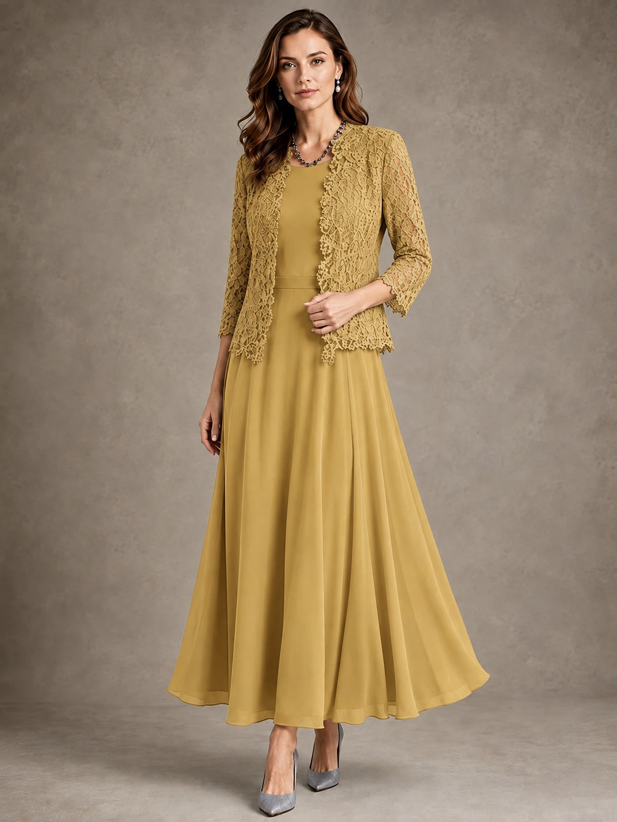 2-Piece Chiffon Mother of the Bride Dress with Lace Jacket