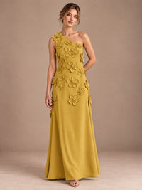 Gold- One Shoulder Satin Formal Maxi Dress with 3D Floral