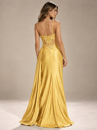 Mermaid Satin Prom Dress with Floral Appliqué Corset and High Slit