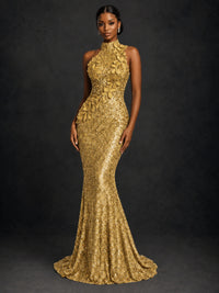 Sparkly Sequin High Neck Mermaid Prom Dress