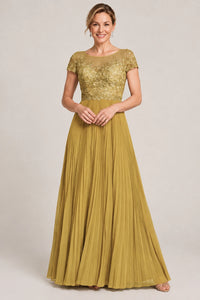 Embroidered Lace Pleated Mother of the Bride Dress