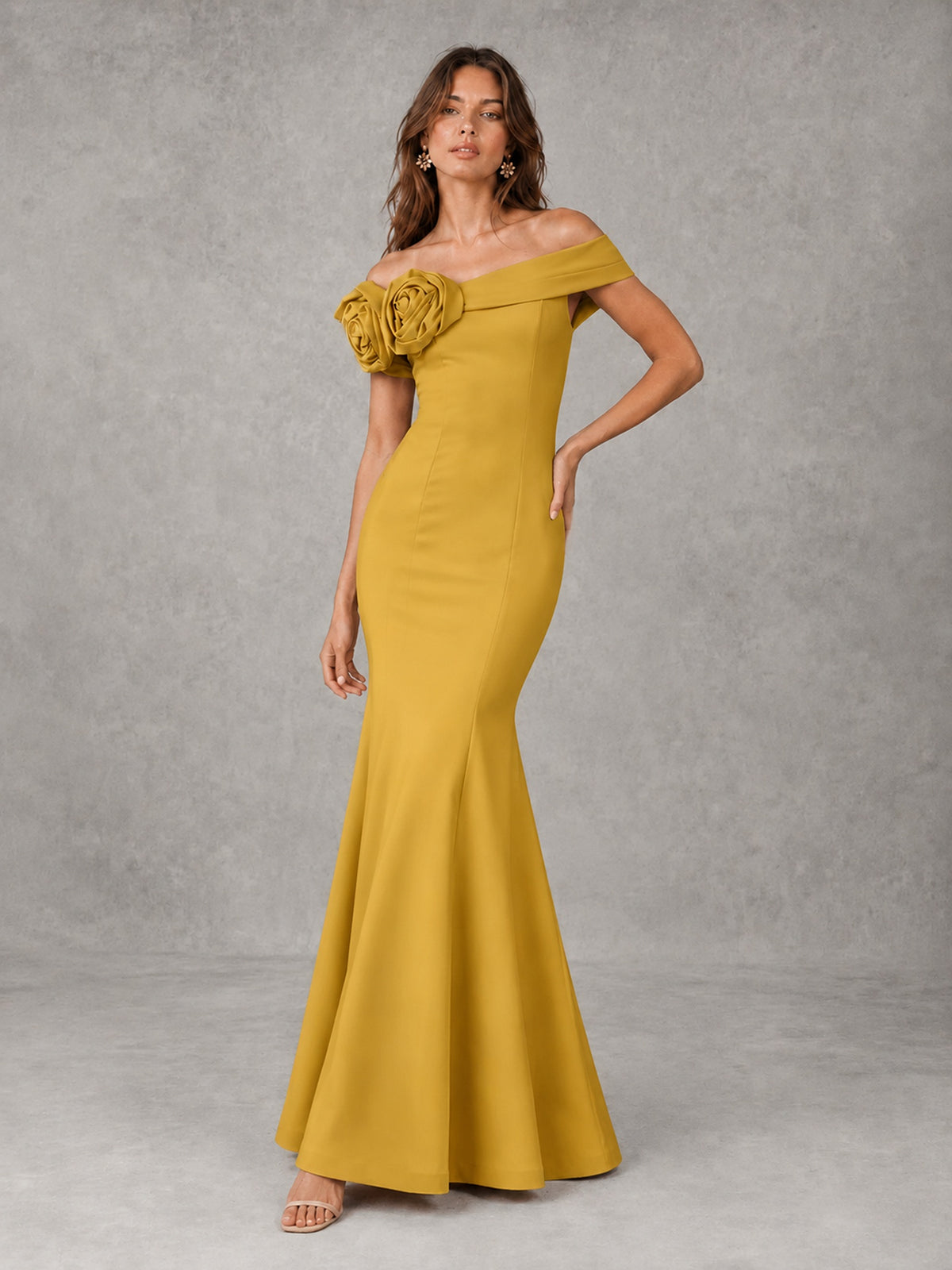 Blush Pink Off Shoulder Mermaid Bridesmaid Dress with Floral Rosette
