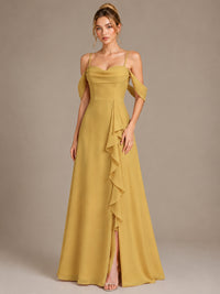 Spaghetti Strap Chiffon Bridesmaid Dress with Ruffles Slit
