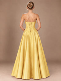 Blush Pink Strapless Satin A-Line Prom Dress with Ruched Bodice