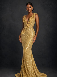 Gold Sequin Floral Applique Mermaid Prom Dress