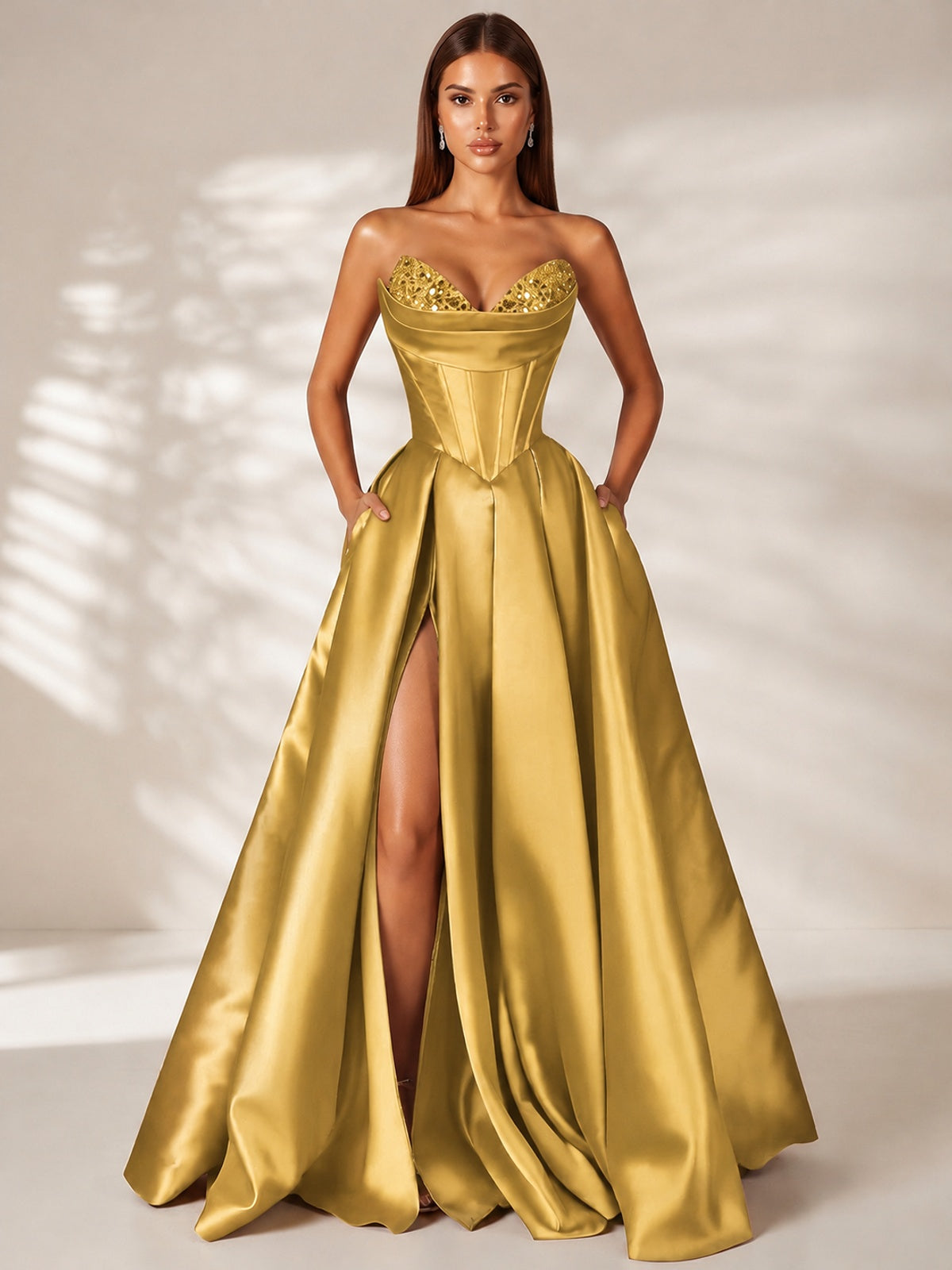 Gold Strapless Corset Satin Prom Dress Long Evening Gown with High Slit