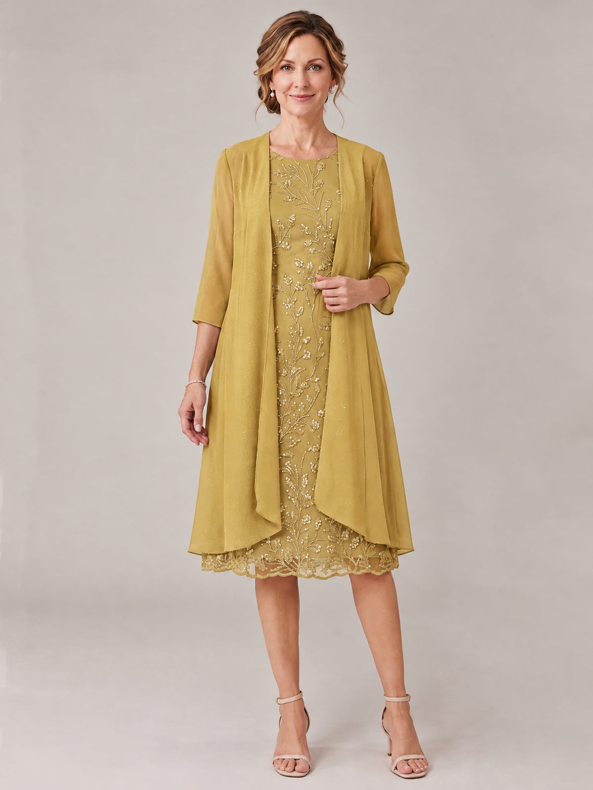 Gold-2 Piece Lace Appliques Chiffon Mother of The Bride Dress with Sequin