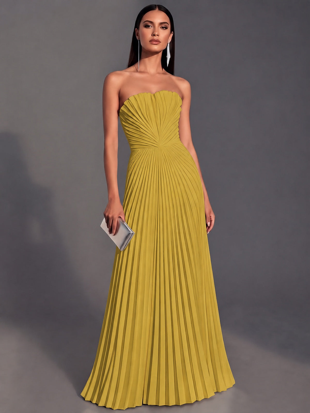 Gold Strapless Pleated Satin Prom Dress Long Formal Gown Evening Dress