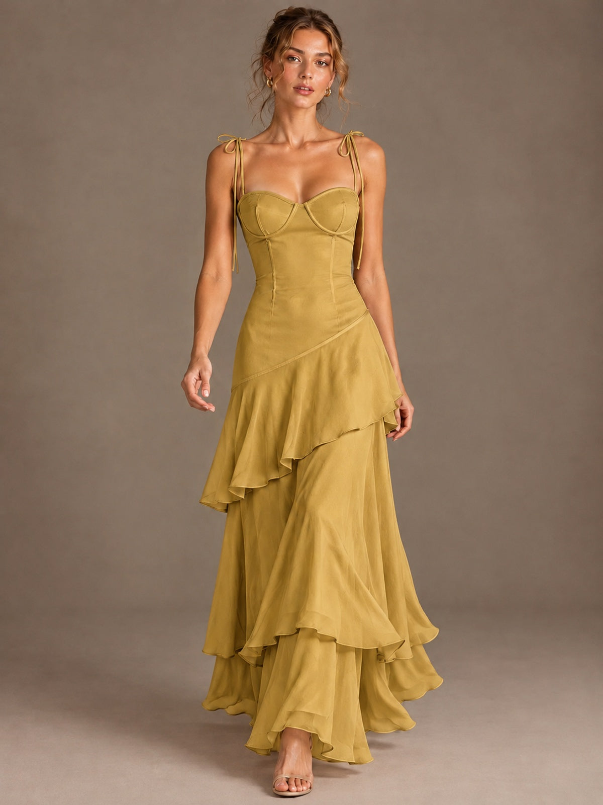 Spaghetti Strap Tiered Ruffles Chiffon Prom Dress