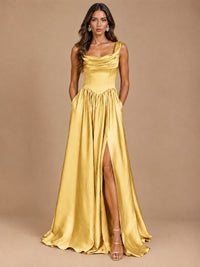 Cowl Neck Pleated Satin Prom Dress with Pockets & Slit Maxi Formal Gowns