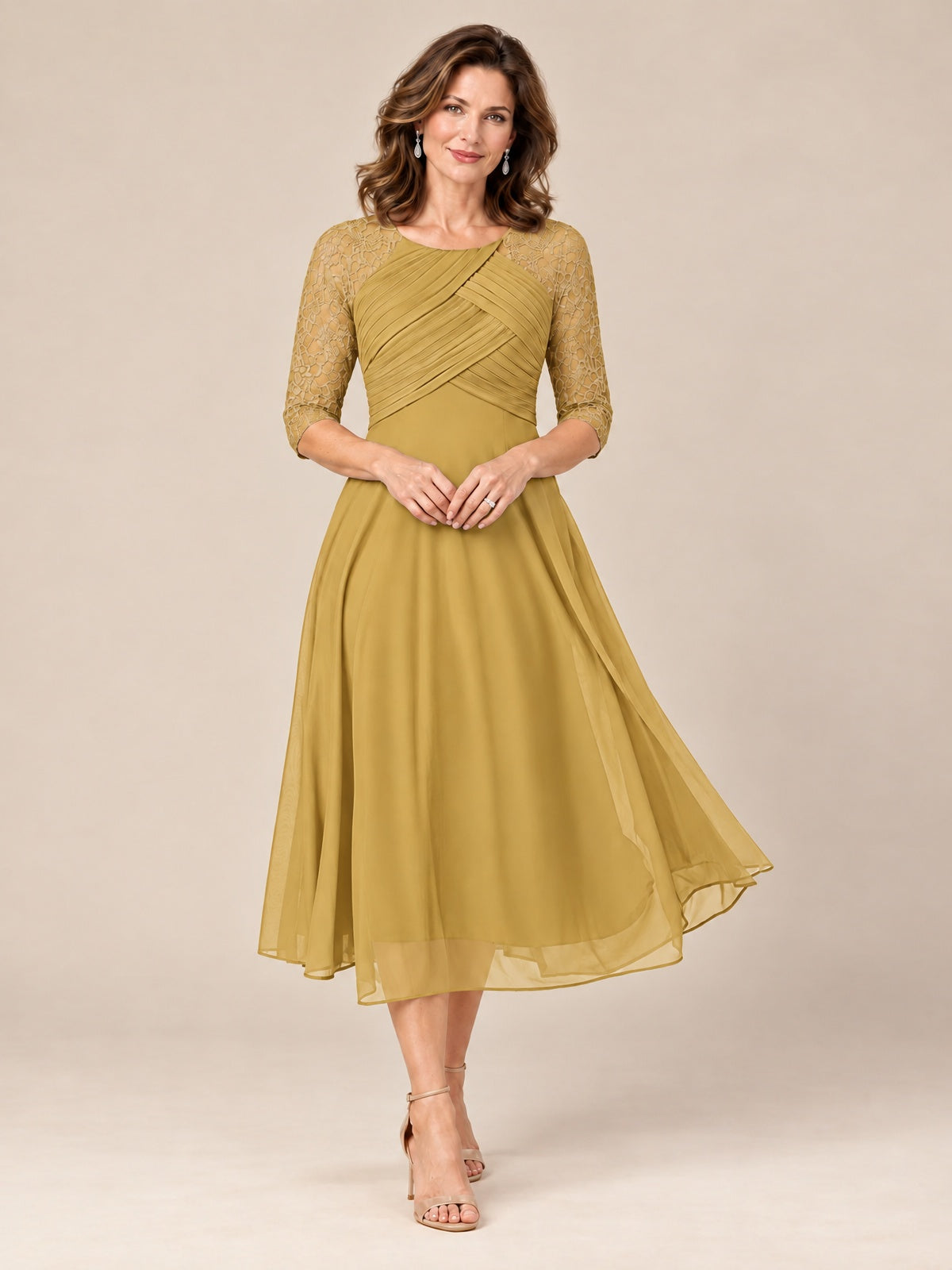 Gold-Lace Applique Pleated Tea Length Mother of The Bride Dresses